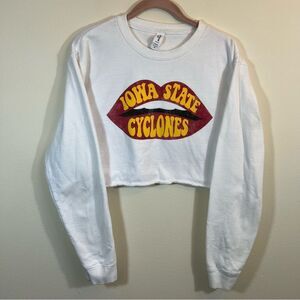Just Hoods White Iowa State Lips Cropped Crewneck Sweatshirt Medium